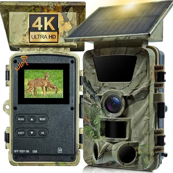 4K 60MP Black Solar Trail Camera with Night Vision and Wi-Fi Connectivity