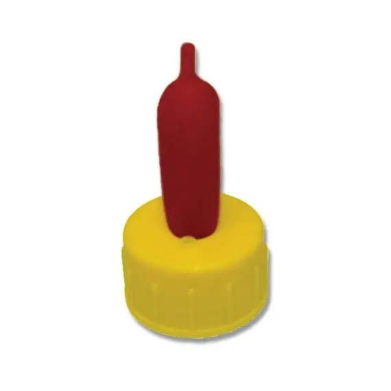 Red rubber drinking nipple with yello screw on cap
