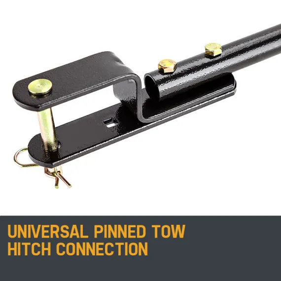 Close-up of a black metal tow hitch with a pinned connection and gold-toned fasteners