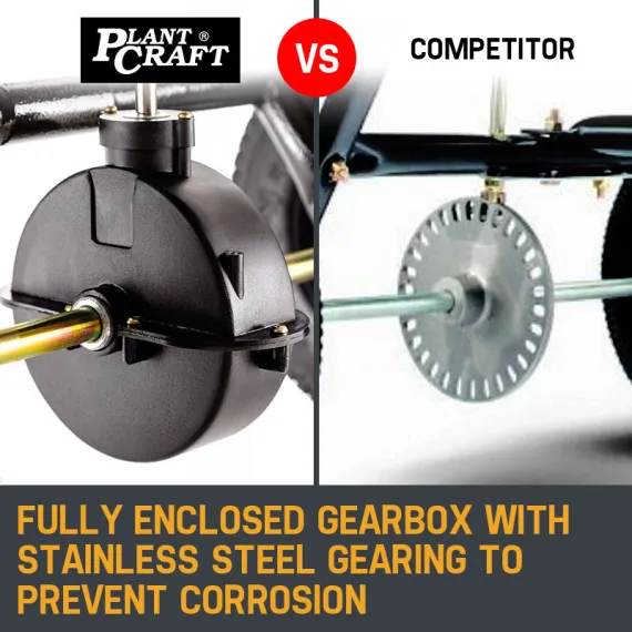 Split view showing an enclosed black gearbox beside a competitor's exposed circular gear