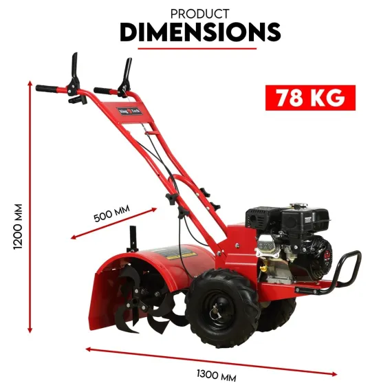Red rotary tiller shown with dimension arrows, including 1300 mm length and 1200 mm height