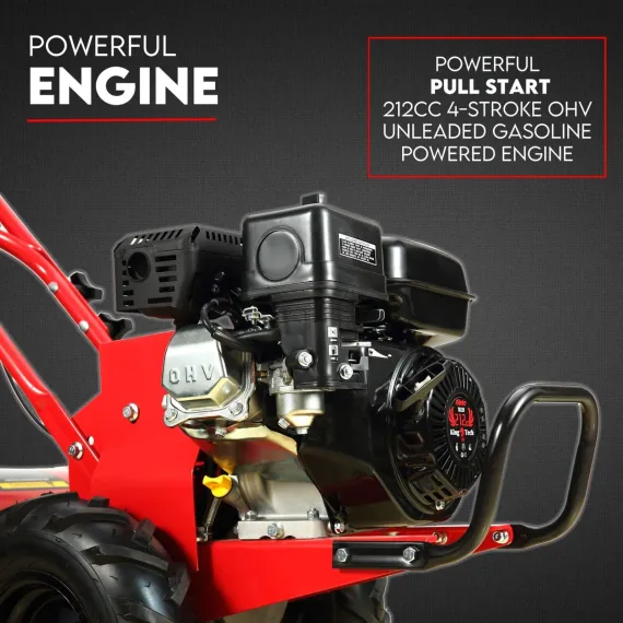 Close-up of the tiller's black overhead-valve engine, pull starter, red frame, and tire