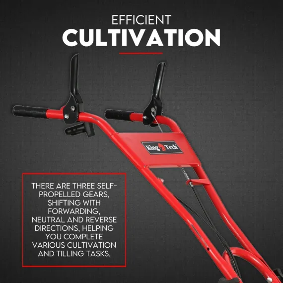 Close-up of red tiller handlebars with black grips, control levers, and attached cables