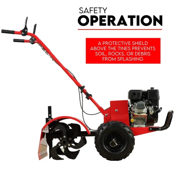 Full side view of a red rotary tiller with black engine, tires, handlebars, and covered tines