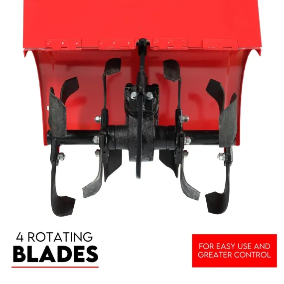 Close-up of a red rotary tiller housing with four black curved blades and central drive assembly