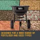 Black broadcast spreader shown against a collage of seeds, fertilizer granules, and soil