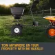 Black spreader attached to an orange utility vehicle on a grassy field