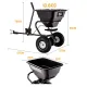 Black tow-behind spreader with measurement labels and an inset view of its open hopper