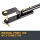 Close-up of a black metal tow hitch with a pinned connection and gold-toned fasteners