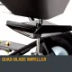 Close-up of a black four-blade impeller beneath a hopper, with a metal center shaft