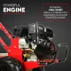 Close-up of the tiller's black overhead-valve engine, pull starter, red frame, and tire
