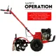 Full side view of a red rotary tiller with black engine, tires, handlebars, and covered tines