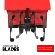 Close-up of a red rotary tiller housing with four black curved blades and central drive assembly
