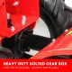Close-up of the tiller's black bolted gear housing beside a white wheel and red frame